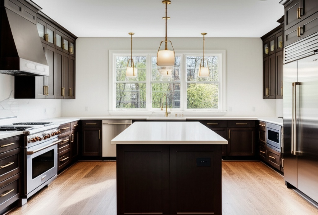Luxurious modern kitchen remodel in The Woodlands with white quartz countertops and gold hardware